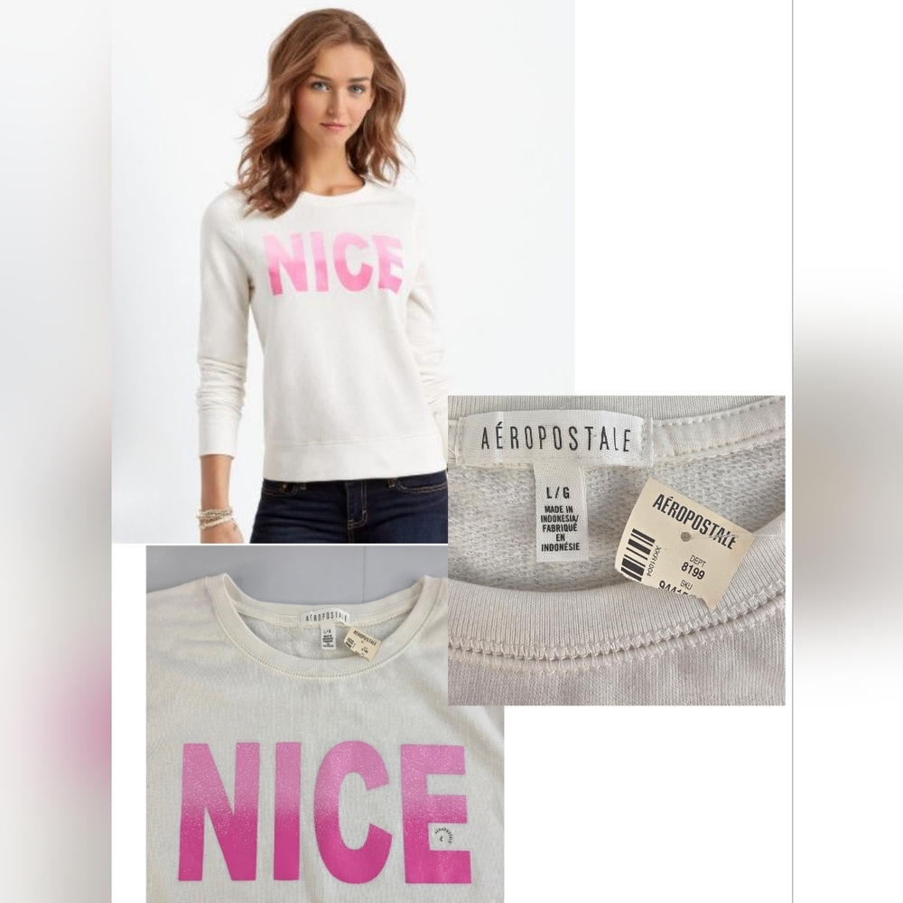 NWT Aeropostale L White With Sparkle Pink "NICE" Long Sleeve 3322-G